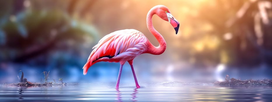 pink flamingo in nature, banner made with Generative AI. High quality illustration