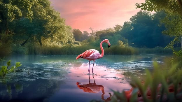 pink flamingo in nature, banner with Generative AI. High quality illustration