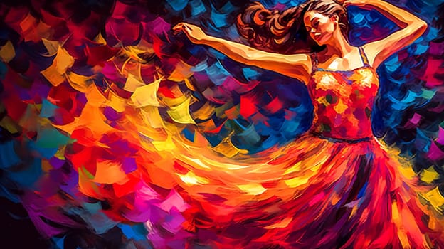 Flamenco dancer in colorful dresses, creative portrait, made with Generative AI. High quality illustration