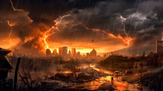apocalypse in the city, made with Generative AI. High quality illustration