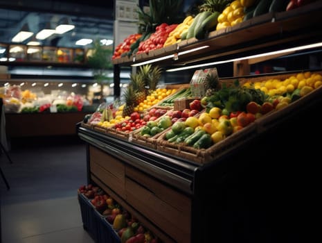 A large supermarket has a wide aisle full of fruit and vegetables, bright lighting from bulbs. Generative AI.