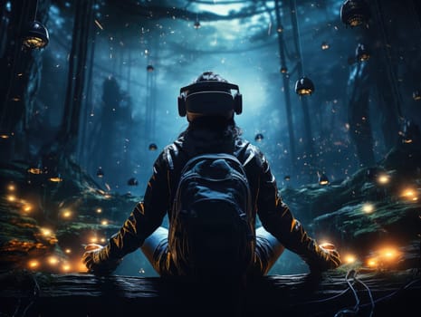 A man wearing a VR headset sit in the forest scene, firefly light, surreal world and virtual reality. Generative AI.