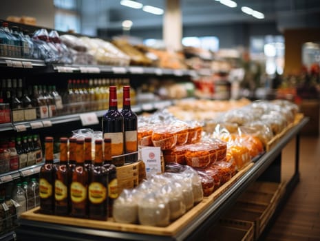 Close-up of a shelf in a supermarket, a long corridor, and light bulbs on the ceiling. Generative AI.