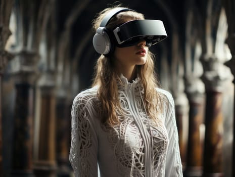 A woman wearing VR headset user, surreal world and virtual reality, the background is ancient architecture. Generative AI.