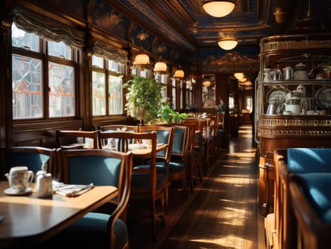 In a room of a train car in the style of intricate woodwork with tables and chairs, sunlight shines through windows. Generative AI.