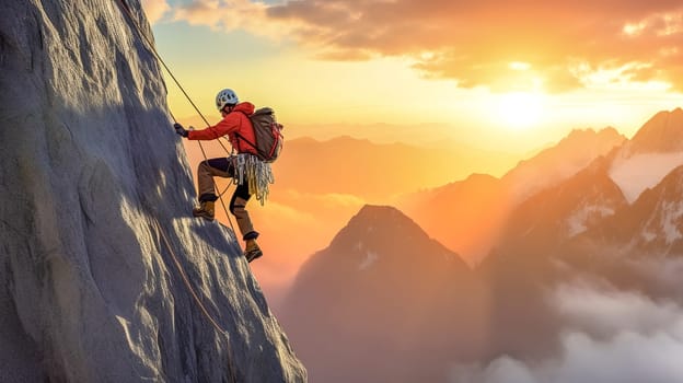 climber on a rock in the mountains, banner with copy space, made with Generative AI. High quality illustration