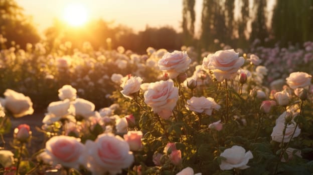 Pink rose field in sunset light, in the style of sun rays shining upon a field of roses. Generative AI.
