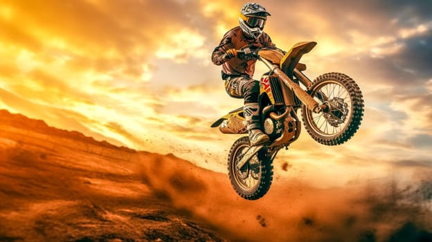 motocross, biker jumps on a dune in the desert on a supercross, made with Generative AI. High quality illustration