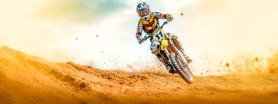 motocross, biker jumps on a dune in the desert on a supercross, made with Generative AI. High quality illustration