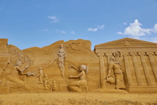 Sondervig, Denmark, May 21, 2023: International Sand Sculpture Festival. Goddess of fate.