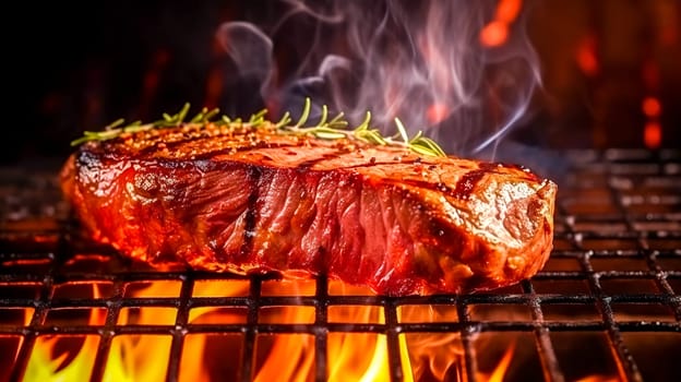 beef steak on the fire of a hot grill, barbecue party, made with Generative AI. High quality illustration