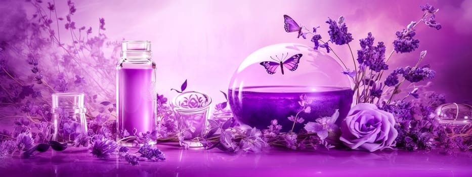 violet color abstract banner with perfume, flower and butterfly, made with Generative AI. High quality illustration