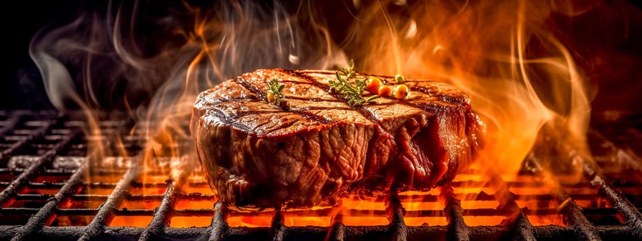 beef steak on the fire of a hot grill, barbecue party, made with Generative AI. High quality illustration
