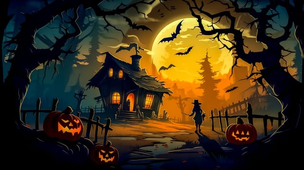 Halloween, carved pumpkins, scary characters and bats in a mysterious dark forest, made with Generative AI. High quality illustration