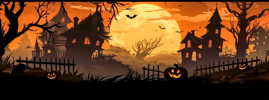 Halloween, carved pumpkins, scary characters and bats in a mysterious dark forest, made with Generative AI. High quality illustration