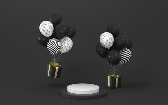 Balloons and presents with background, 3d rendering. Co,puter digital drawing.