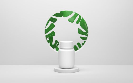 Monstera plants and medical bottle, 3d rendering. Computer digital drawing.