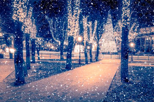 Snowfall in a winter park at night with christmas decorations, lights, pavement covered with snow and trees with garlands.