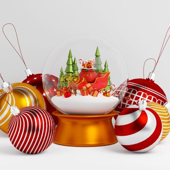 Gift bag on sleigh in Christmas globe with Christmas ball, 3d illustration