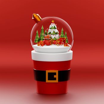 Christmas globe on a Santa cup on red background, 3d illustration