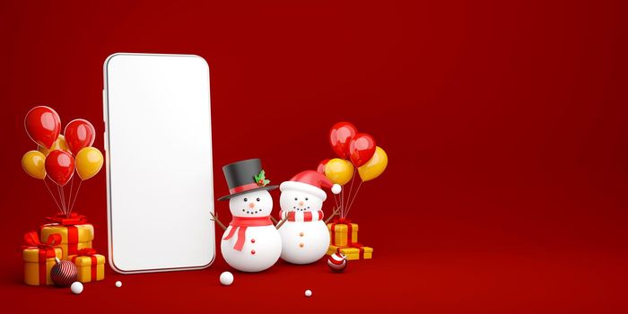 3d illustration of Smartphone with snowman and Christmas gift, Merry Christmas