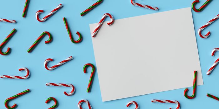 White paper mockup on blue background with Christmas candy cane, 3d illustration