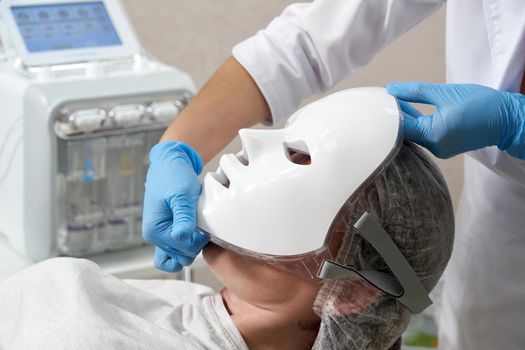woman with led light therapy facial beauty mask photon therapy