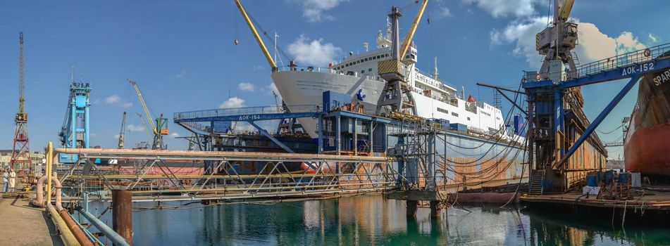 Chernomorsk, Ukraine. 21.03.2021. Large dry dock of the Chernomorsk Shipyard on a sunny spring day