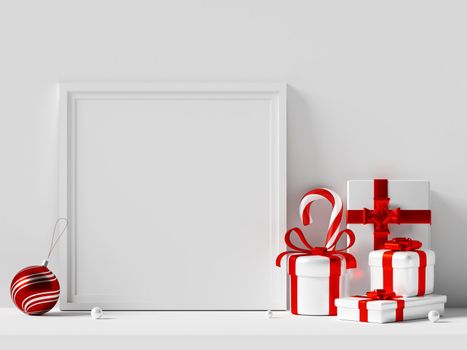 Frame mockup with Christmas ornaments, 3d illustration