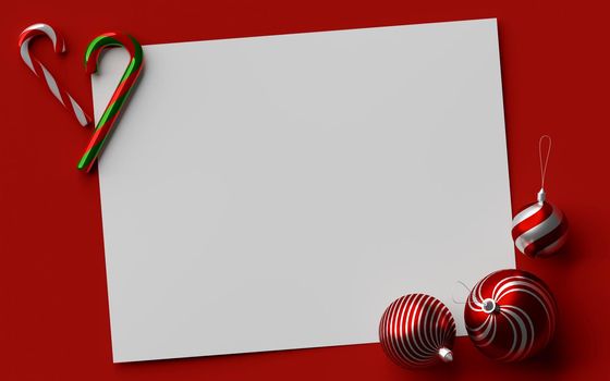 White paper mockup on red background with Christmas ornaments, 3d illustration
