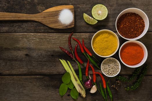 spices with ingredients on dark background. asian food, cooking concept
