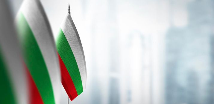 Small flags of Bulgaria on the background of an urban abstract blurred background.