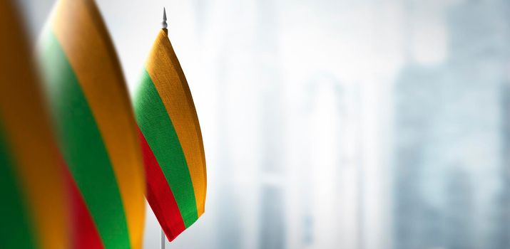 Small flags of Lithuania on the background of an urban abstract blurred background.