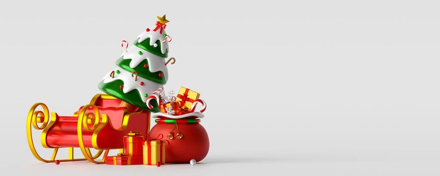 Christmas banner of Christmas tree on a sleigh with Christmas bag, 3d illustration