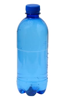Blue plastic water bottle on a white isolated background, container for beverages