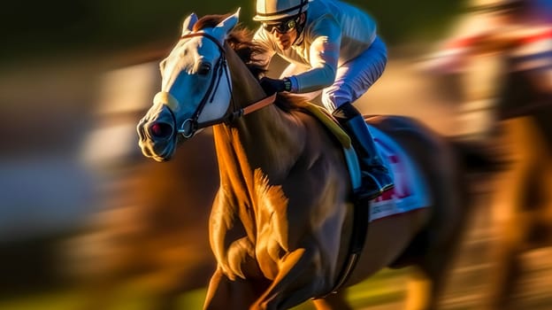 horse races, jumps over obstacles, blurred motion, made with Generative AI. High quality illustration