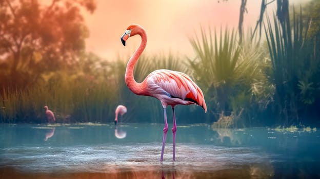 pink flamingo in nature, banner made with Generative AI. High quality illustration