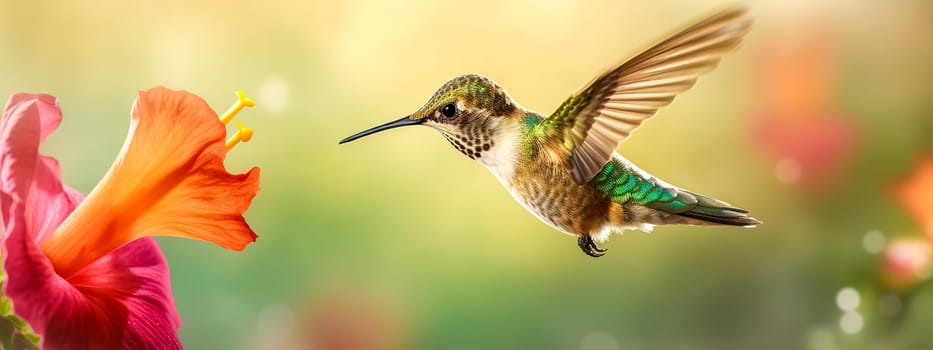 colorful hummingbird flying to flower for nectar, banner made with Generative AI. High quality illustration