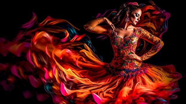 Flamenco dancer in colorful dress, creative portrait, made with Generative AI. High quality illustration