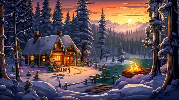wooden log cabin in the winter fairytale forest, Christmas time, made with Generative AI. High quality illustration