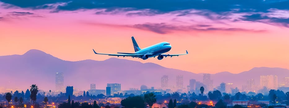 a plane taking off into the clouds with a city skyline in the background, made with Generative AI. High quality illustration