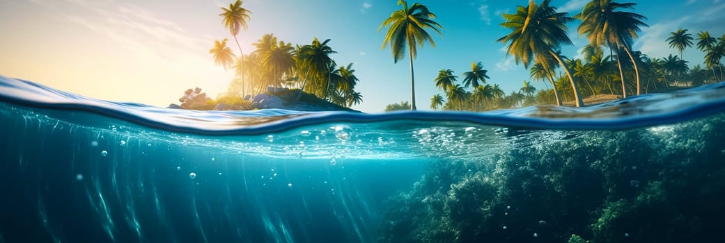 Island in ocean, abstract see environmental background. Long banner with view on under water life, deep blue water and palm trees on the shore