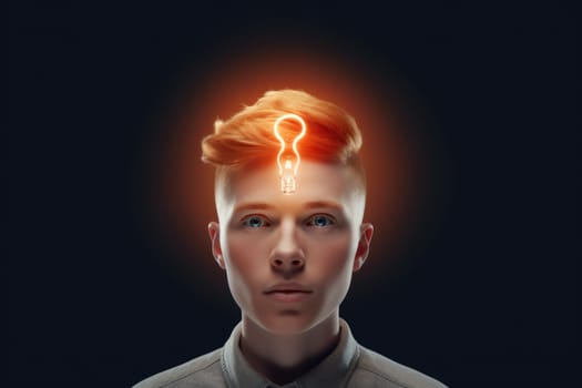 bright light bulb floating above of young scandinavian man's head. beautiful Generative AI AIG32