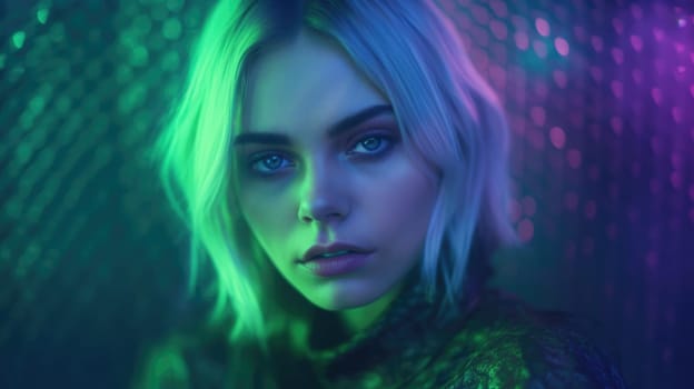 Beautiful model with colorful and trendy outfit with glowing purple green neon light, colorful dyed hair and fashionable glitch core teenager girl. Picturesque generative AI