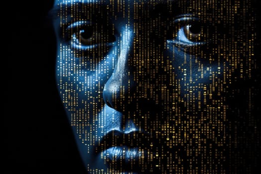 A binary code with human face shape on dark background. Generative AI AIG27.