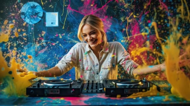 candid an excited DJ young scandinavian woman mixing music at turntables with headphones. beautiful Generative AI AIG32