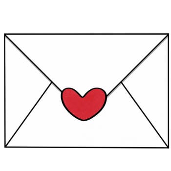 Drawing of white envelope with red heart isolated on white background for usage as an illustration, love and Valentine's day concept