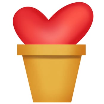 Drawing of red heart in flower pot isolated on white background for usage as an illustration, love and Valentine's day concept