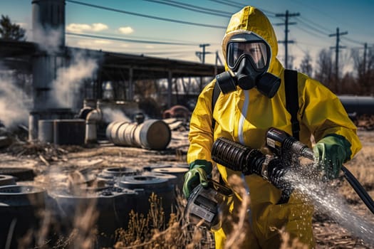 A man in a chemical protection suit against radiation sprays the area. Generative AI. High quality illustration