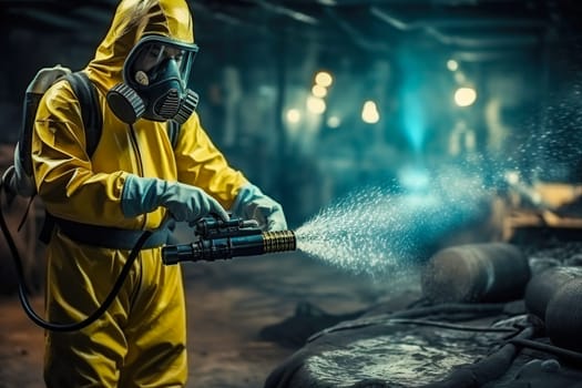 A man in a chemical protection suit against radiation sprays the area. Generative AI. High quality illustration